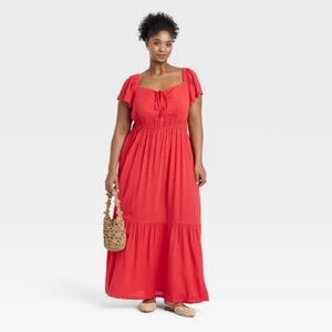 Ava & Viv Red Ruched Tiered Maxi Sundress